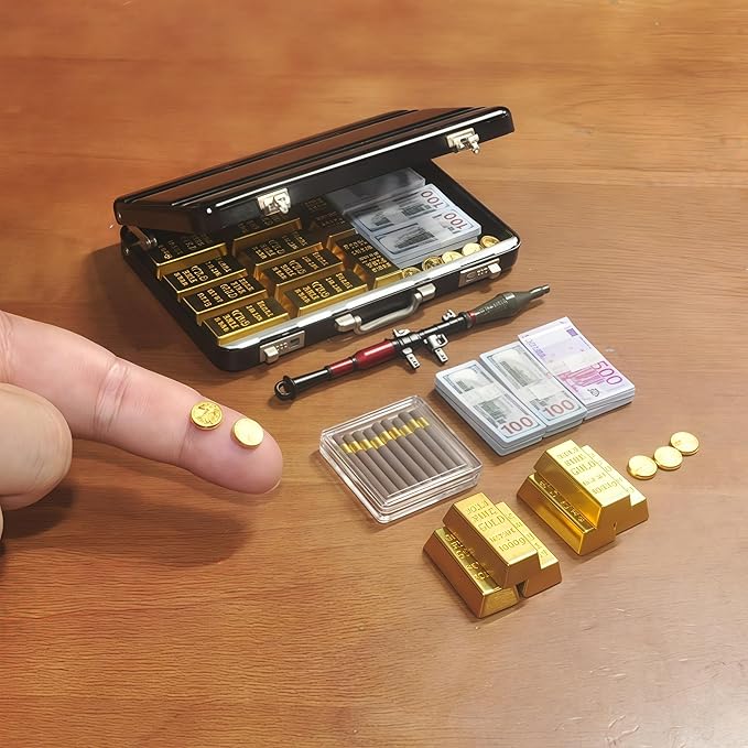 1:6 Scale Miniature Black Briefcase Set with Fake Gold Bars, Mini Dollar Bill Bundles, Vintage Coins & Toy Weapons | Collectible Dollhouse Accessory, Photography Prop & Novelty Gift for Adults