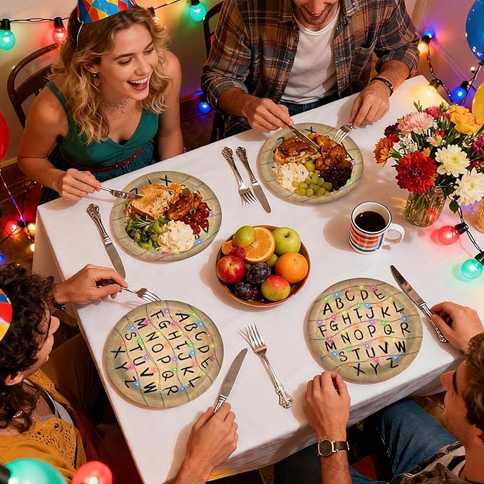 50Pcs Spooky Rustic Alphabet Paper Plates 9 Inch Disposable Retro Colorful Light Bulbs Party Decorations Retro Scary House Run Themed Plates for Boys Girls Holiday Stranger Birthday Party Supplies