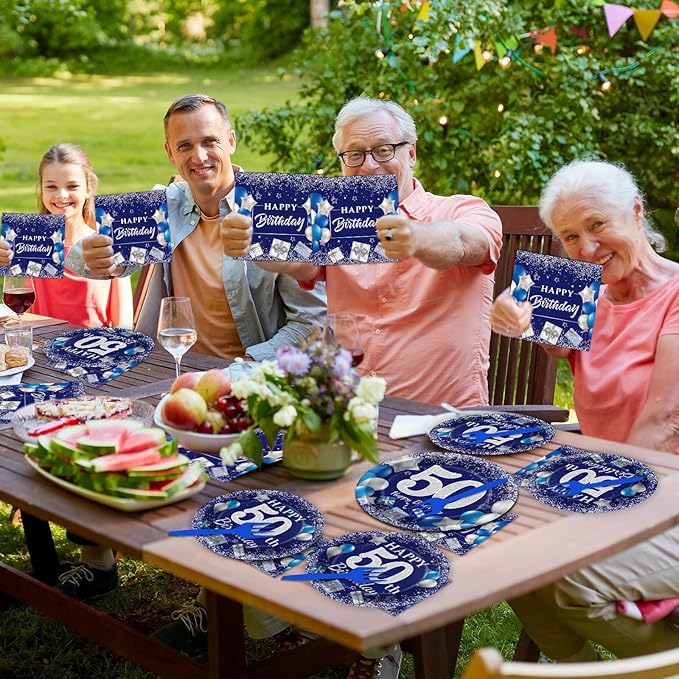 96 Pcs 50th Birthday Party Supplies - Navy Blue & Silver Plates, Napkins, Forks & Table Decorations for 24 Guests
