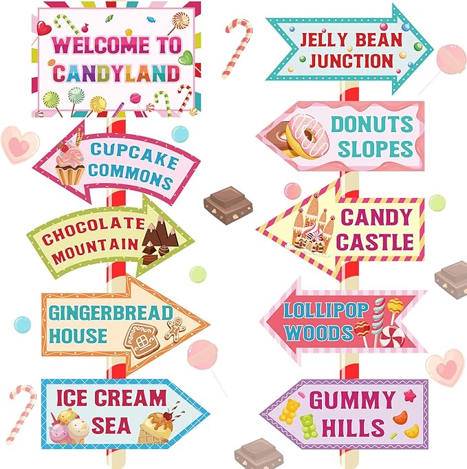 20 Pieces Candyland Decorations Welcome to Candyland Signs Candy Party Decorations for Kids Girls Candy Land Themed Birthday Party Halloween Christmas Trunk or Treat Car Decorations