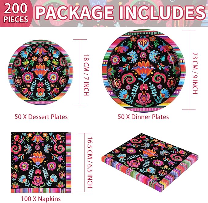 Grencian 200Pcs Mexican Party Decorations Colorful Mexico Floral Plates and Napkins Sets Mexicanos Birthday Decorations for Mayo Taco Holiday Wedding Ponchos Party Supplies Serves 50