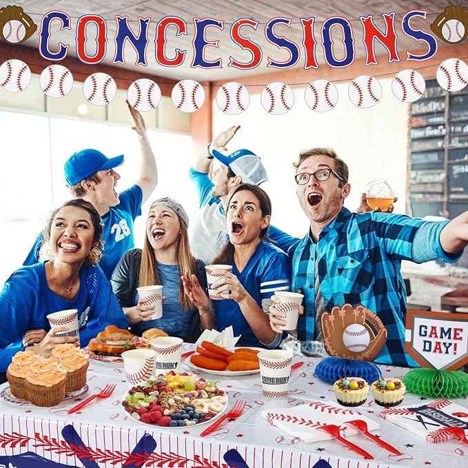 Meanplan Baseball Party Supplies Kit 167 Pcs Baseball Party Decorations Includes Paper Plates, Napkins, Cups, Concessions Banner, Tablecloth and Honeycomb for Sports Theme Birthday Decor, Serve 24