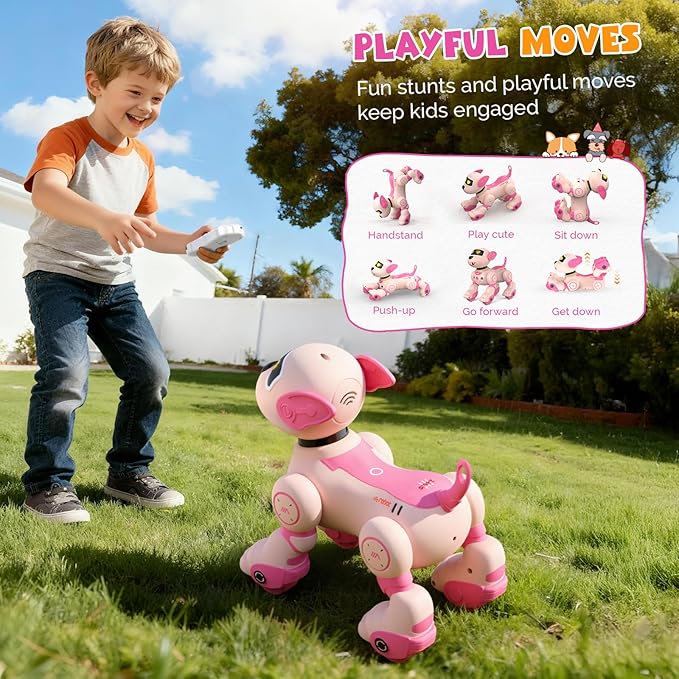 PRANITE Robot Dog, Programmable Remote Control Dog Toy for Kids with One-Key Following, Voice Control, Touch, Dance, Sing, Smart RC Stunt Puppy Toy Gift for Boys Girls (Pink)