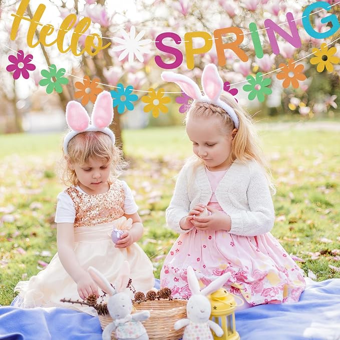 Hello Spring Banner Colorful Glitter Spring Wildflower Banner Garland, Springtime Theme Party Decorations for Home, Springtime Easter Theme Party Decorations, Indoor Outdoor Mantel Fireplace Hanging Decor