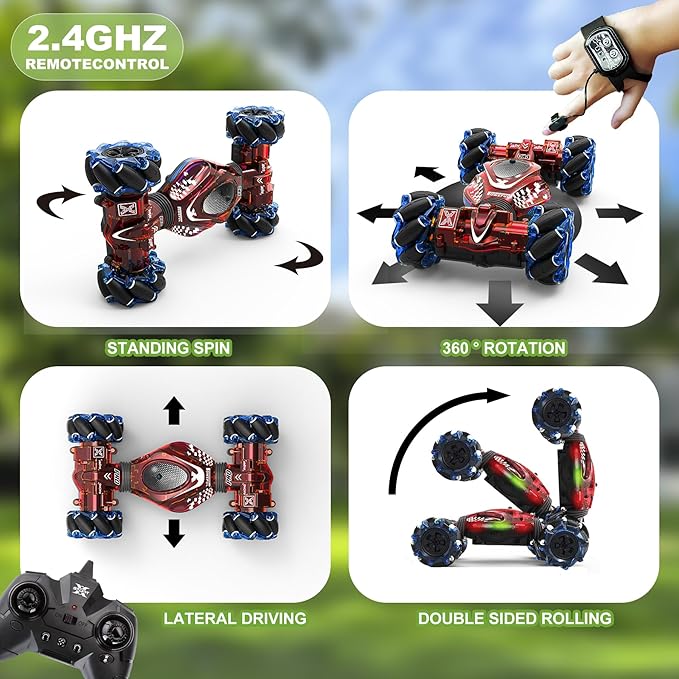 Gesture RC Car,1:24 4WD Transform Off-Road Stunt Car with Gesture & Remote Control, 360° Flips Drift Vehicle with LED Lights Music, All Terrain Toy Cars Gifts for Boys Girls Age 6-12