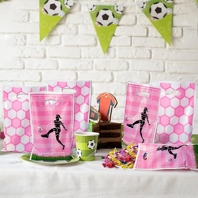 Soccer Party Favor Bags - 50Pcs Pink Football Goody Candy Treat Gift Bags, Sport Themed Party Decorations for Adult Kid Boy Girl Birthday Outdoor Sports Team Games Events Holiday Supplies