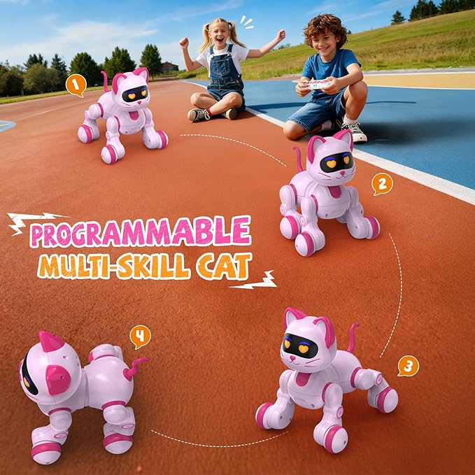 Robot Cat Toy for Kids, Interactive Robot Kitty with Touch Sensing, Remote Control Cat Robot Singing, Dancing, Walking, Sliding, Programmable Smart Pink Robotic Cat Pet for Girls
