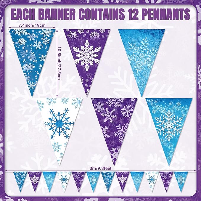 HESTYA 49 ft Winter Party Decoration Snowflake Triangle Banners Snow Pennant Paper Flags for Winter Birthday Party Decoration Supplies