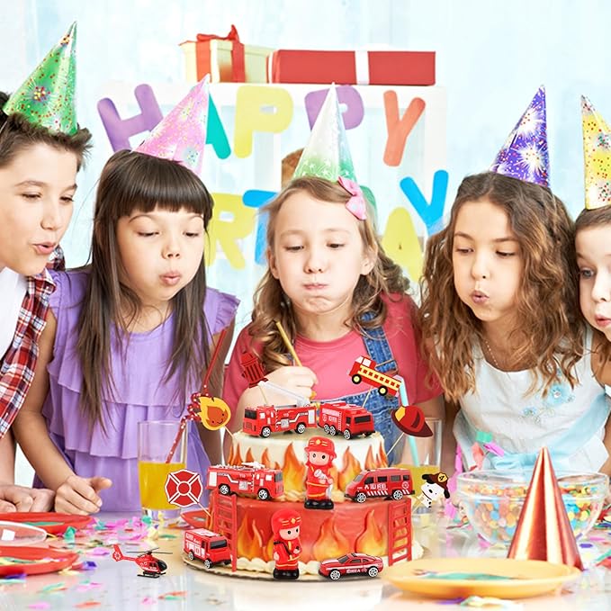 Hooqict 17 Pieces Fire Truck Cake Decorations Set with Mini Firetruck Firefighter Fire Engine Birthday Cake Toppers & Cupcake Toppers for Fireman Fire Truck Birthday Party Decorations Supplies