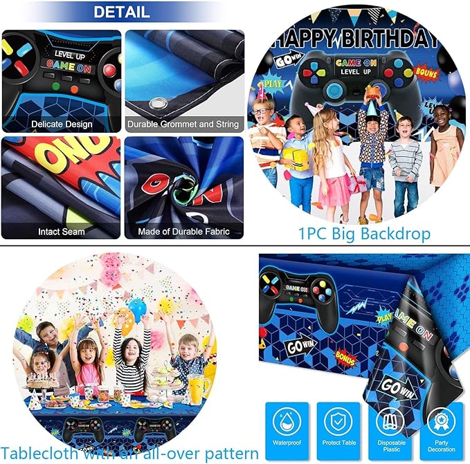 75Piece Video Game Party Decorations Set: Gamer Birthday Supplies with Happy Birthday Backdrop, Table Cover, Hanging Swirls, Cake Toppers, Foil Balloons, Latex Balloons – Perfect Game ON Party!