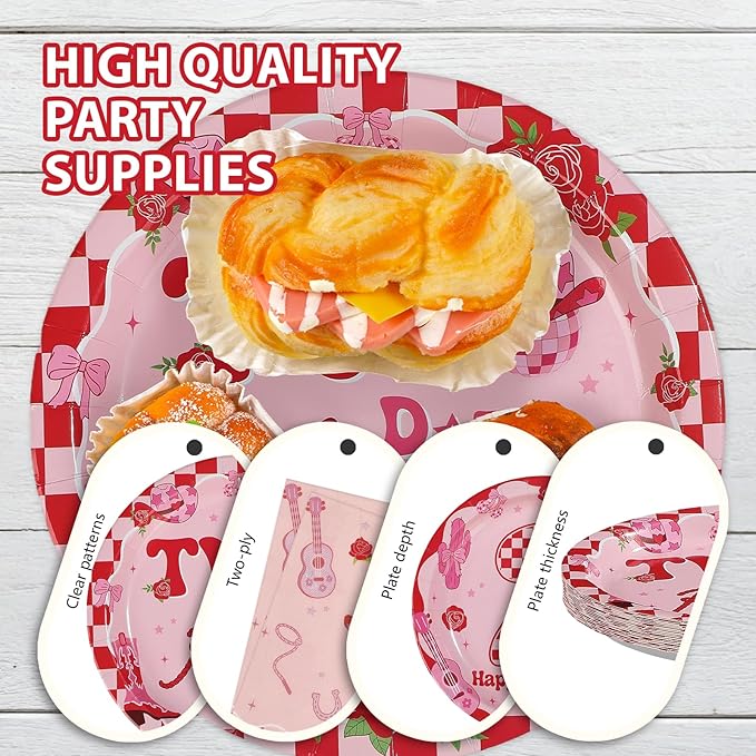 96Pcs Two Dozen Roses Party Supplies Two Dozen Roses 2nd Birthday Plates and Napkins Pink Floral Western Theme Tableware Set for Western Cowgirls 2nd Birthday Party Decorations Serves 24