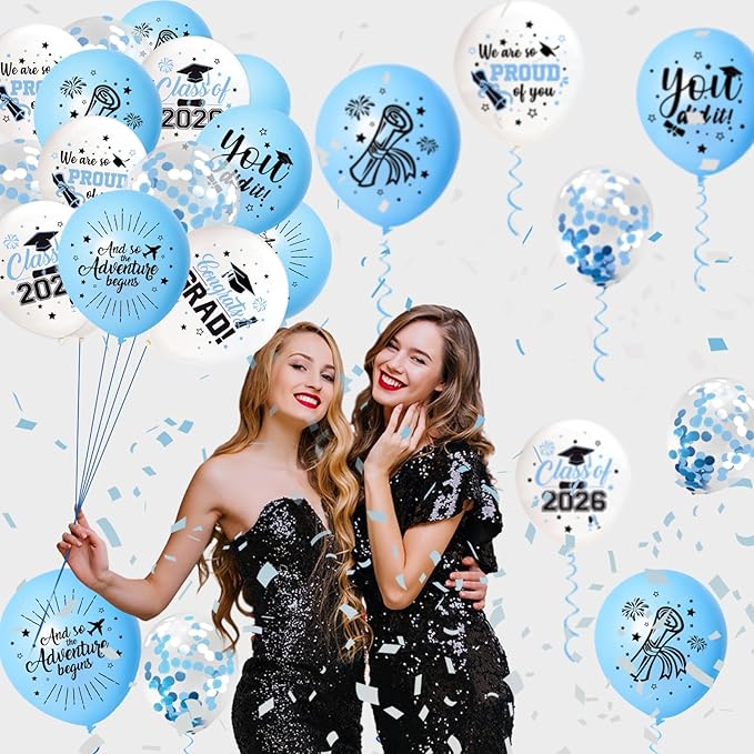 75Pcs Light Blue Graduation Balloons Decorations Class of 2026 Graduation Party Supplies with Grad Balloon Ribbons for Grad Party Decoration