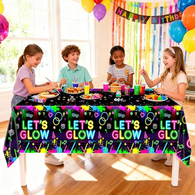 Oigco 3 Pcs Neon Tablecloth, Neon Party Decorations Let's Glow Table Cover for Birthday Glow in The Dark Party Supplies, 54 x 108 Inch