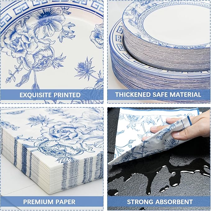 180PCS Blue White Floral Party Supplies Serve 60, Blue Flower Paper Plates and Napkins Kit for Bridal Baby Shower Wedding Tea Party Decorations, Includes Dinner Plates, Dessert Plates, Napkins