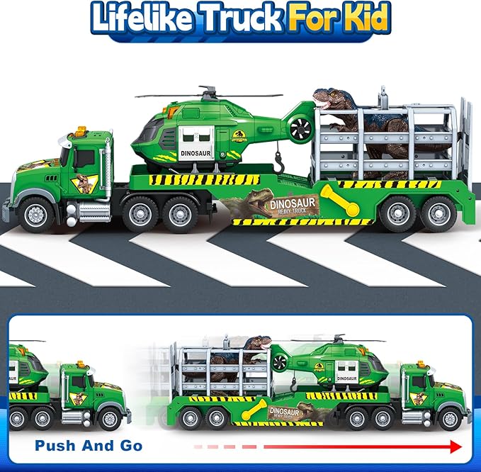 Toddler Boy Toys for 3 4 5 6 7 Years Kids, 21" Semi Flatbed Truck Toy with a Dinosaure Truck, Friction Powered Vehicles Toys with Lights and Sounds, Birthday for Boy Girls