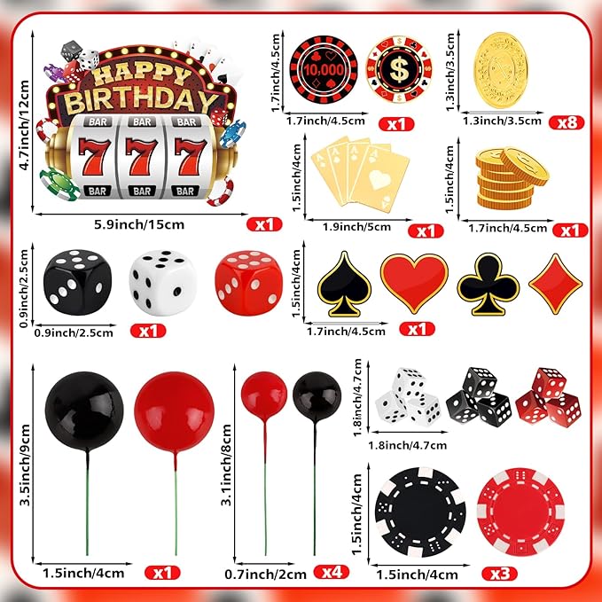 Hooqict 39 Pieces Casino Cake Decorations Set with Mini Slot Machine Dice Poker Birthday Cake Toppers & Cupcake Toppers for Las Vegas Casino Night Theme Party Decorations