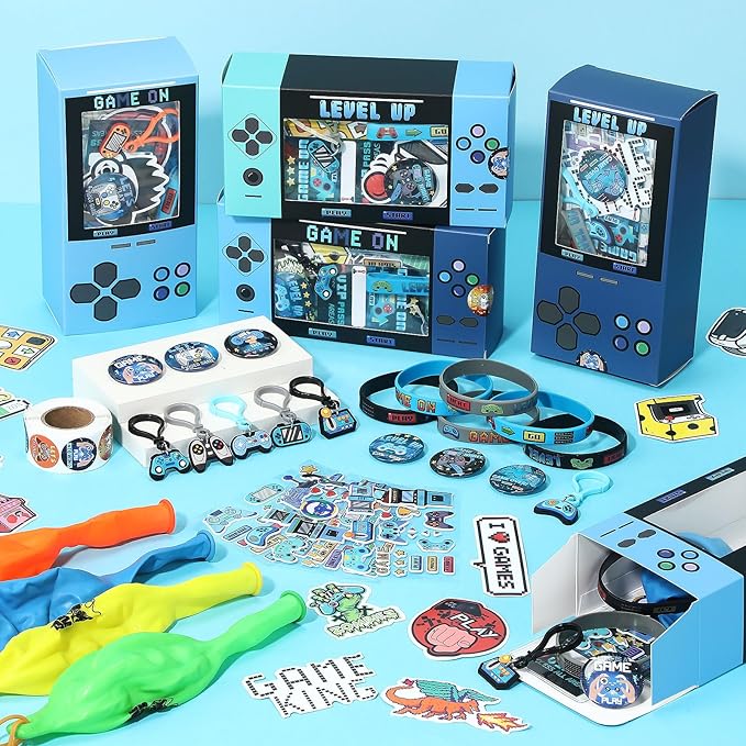 243 Pcs Video Game Party Favors for Kids Gamer Goodie Bag Stuffers Gaming Birthday Party Supplies with Gift Boxes, VIP Pass, Balloons, Bracelets, Keychains, Badges, 3D Stickers (Blue)