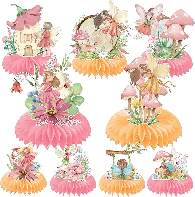 Fairy Honeycomb Centerpieces Birthday Decorations - 9PCS Fairy Party Centerpieces for Table, Butterfly Flower Fairies Theme Party Decorations, My Fairy First Birthday Baby Shower Supplies