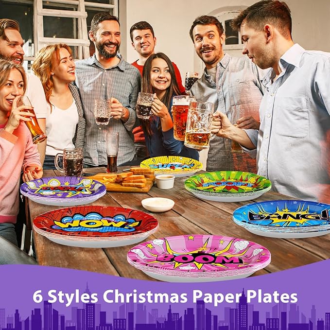 60Pcs Super Theme Hero Party Plates 9"Large Disposable Colorful Comic Super Paper Plates Hero's Action Sign Dessert Plate Super Theme Hero Birthday Decoration for Kid Baby Shower Spider Party Supplies