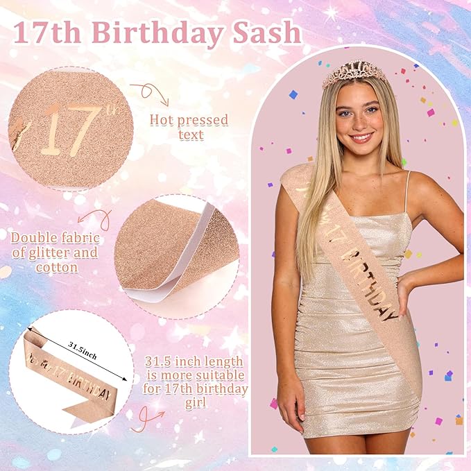 Semato 17th Birthday Decorations for Her Sash and Crown Tiara Kit Rose Gold 17th Birthday Gifts for Girls Party Supplies