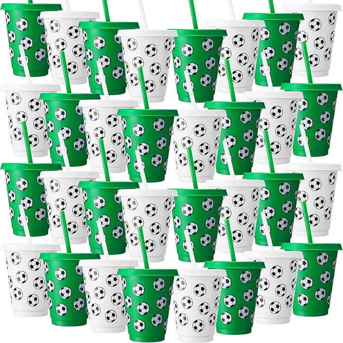 Sieral 30 Pcs Soccer Cups with Straws and Lids 16 oz Soccer Cups White Green Plastic Tumblers Reusable Iced Coffee Travel Mug for Sport Theme Party Supplies Decorations