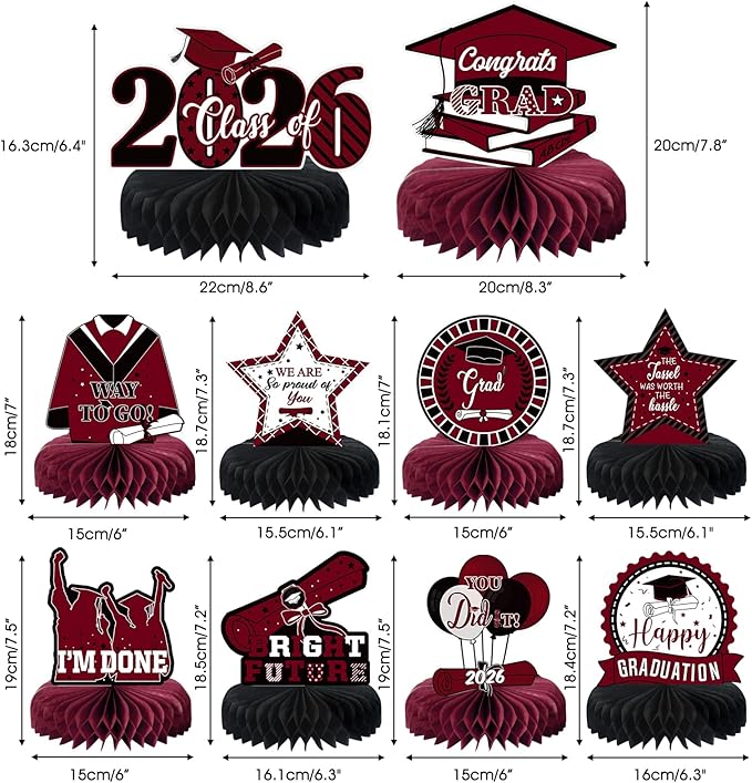 10PCS Graduation Party Decorations Class of 2026 Congrats Grad Table Centerpieces Congratulate Graduation Honeycomb Table Toppers for Graduation Party Supplies(Maroon Black)