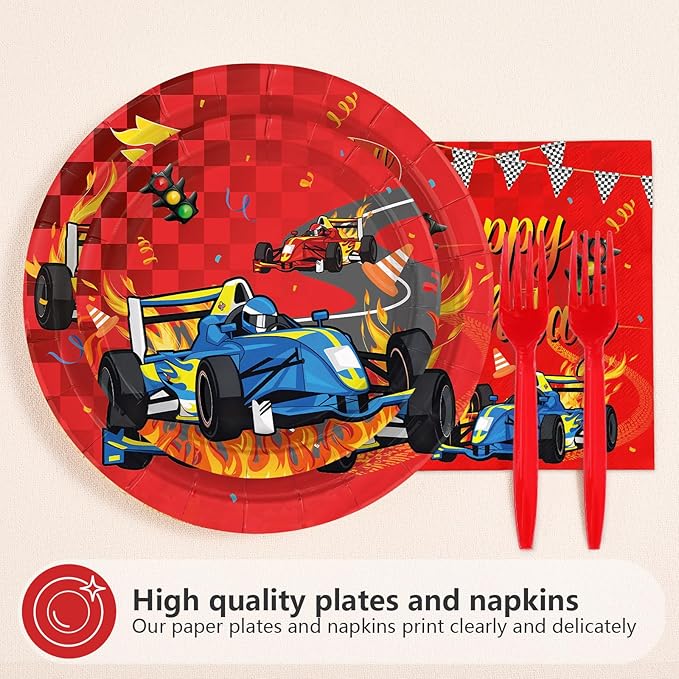 96Pcs Car Racing Birthday Party Decorations Car Birthday Plates and Napkins Sets Red Race Car Themed Decorations for Wheel Sports Boys Birthday Pit Stop Party Supplies Serves 24
