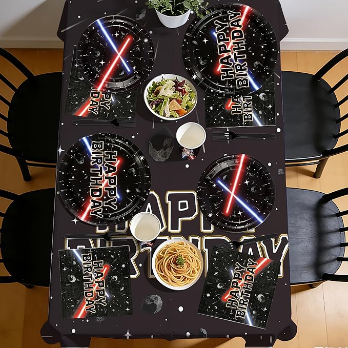 170 Pcs Space Birthday Party Supplies Black Galaxy Universe Starship Plates and Napkins Cups Forks Tablecloth Space Theme Party Decorations for Men Boys Baby Shower Night Sky Galaxy Birthday Serve 24