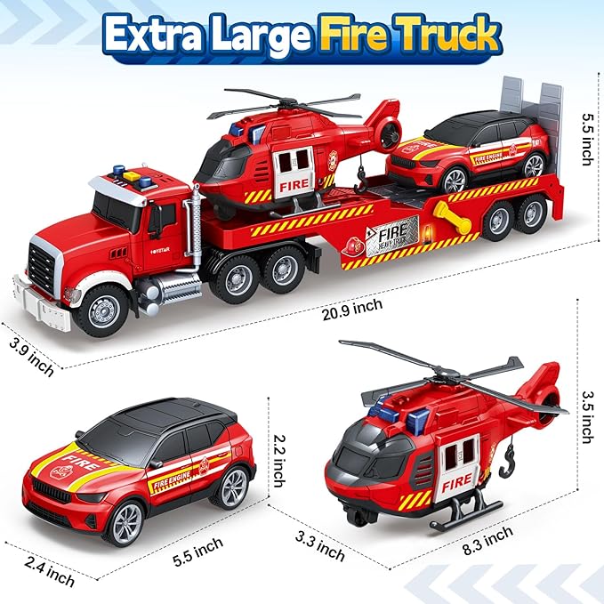 Toddler Boy Toys for 3 4 5 6 7 Years Old Kids, 21" Semi Fire Truck Toy with Racing Car and Helicopter, Friction Powered Toys with Lights and Sounds, Birthday for Boy Girls