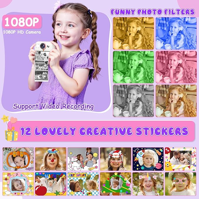 Photomaker Kit Kids 1080P Instant Print Camera for Kid 93 Pcs DIY Journal Kit for Girls Kids Camera Instant Print with 3 Roller Photo Paper Ideas Birthday Gifts and Toys for Girls Boys Age 6-14 Pink