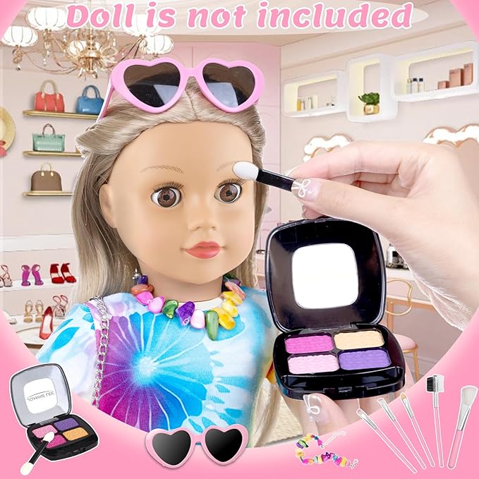 13 Pcs American 18 Inch Doll Accessories and Clothes, Doll Makeup Accessories Set Include Makeup Brush, Eye Shadow,Necklace, Shoulder Bag, Dress,Shoes,Bow Knot Hairpin(No Dolls)