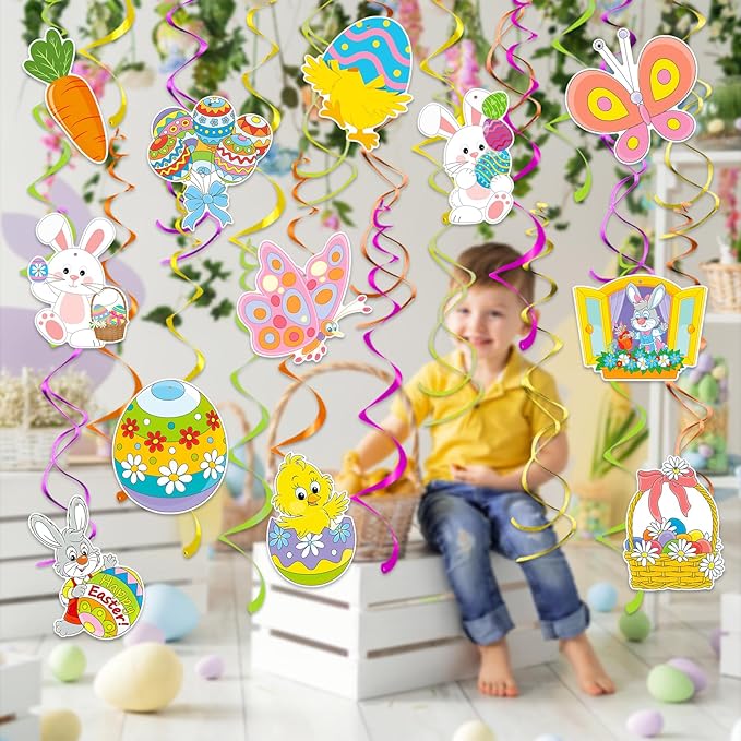 Hanging Easter Decorations Swirls 30pcs, Easter Egg Bunny Ceiling Hanging Party Streamers, Foil Easter Party Decor Supplies for Home Office School, Dangling Spinners Easter Party Ceiling Decor