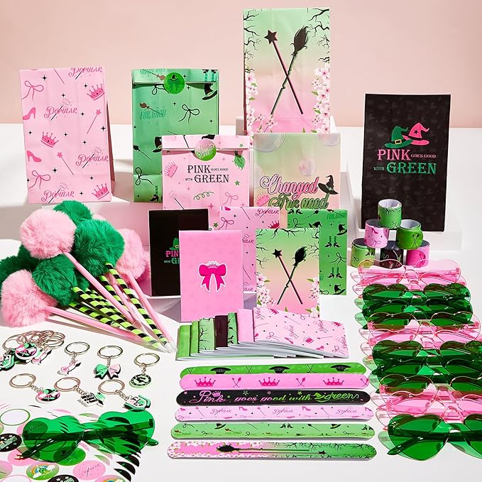 84pcs Pink and Green Witch Party Favors Birthday Decorations Pens Notepads Sunglasses Paper Gift Bag Key Chains Slap Bracelet Sticker Halloween Themed Party Supplies for Kids Student Gift School Party