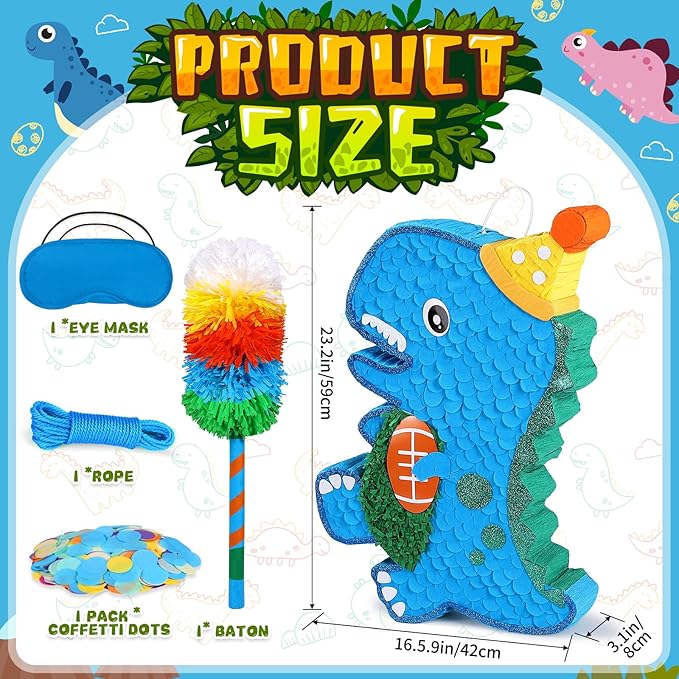 24" Large Dinosaur Pinata Bundle with a Blindfold, Bat and Rope, Dino Baby with Football Decorations for Boy Animal Theme Birthday Party
