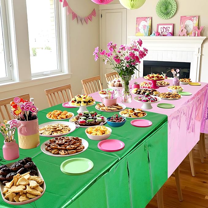 4 Pcs Witch Themed Holographic Tablecloth for Party Pink Green Silver Black 54" x 108" Wedding Witch and Princess Themed Movie Decoration Iridescent Metallic Plastic Glitter Laser Table Covers