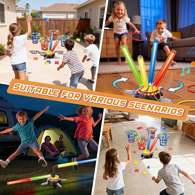 VATOS 3 in 1 Bean Bag & Ring Toss Game, Musical Jumping for Kids, Electric Spinning Base with Remote, Lights, 12 Sandbags, 12 Tossing Rings, 12 Balls, Indoor Outdoor Backyard Sport Toy for Boy Girl 3+