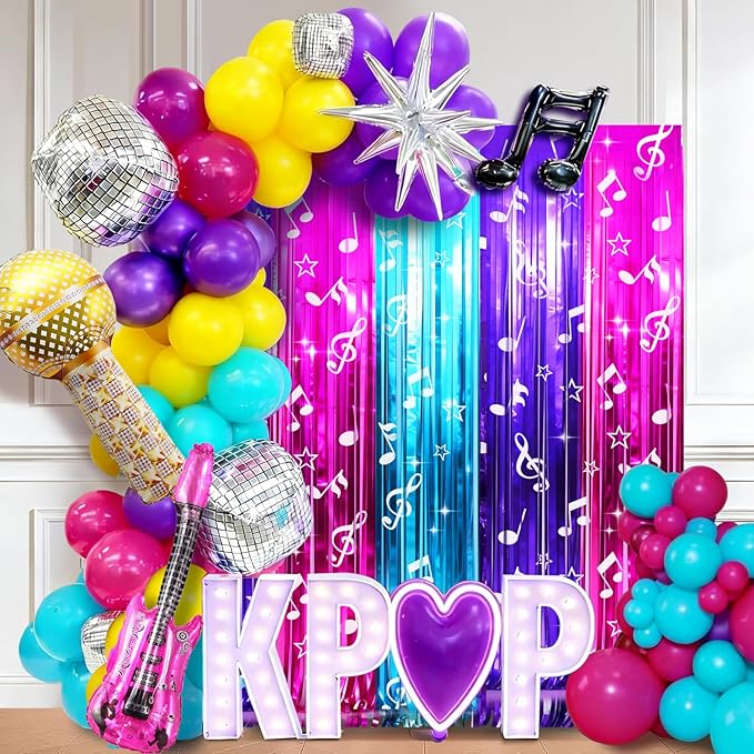 Demon Movie Hunters Birthday Party Decoration, 1 Pack Demon Movie Hunters Party Backdrop Photo Booth Prop, Pop Music Notes Print Fringe Curtains Tinsel Photo Streamers for Hunter Theme Party Supplies