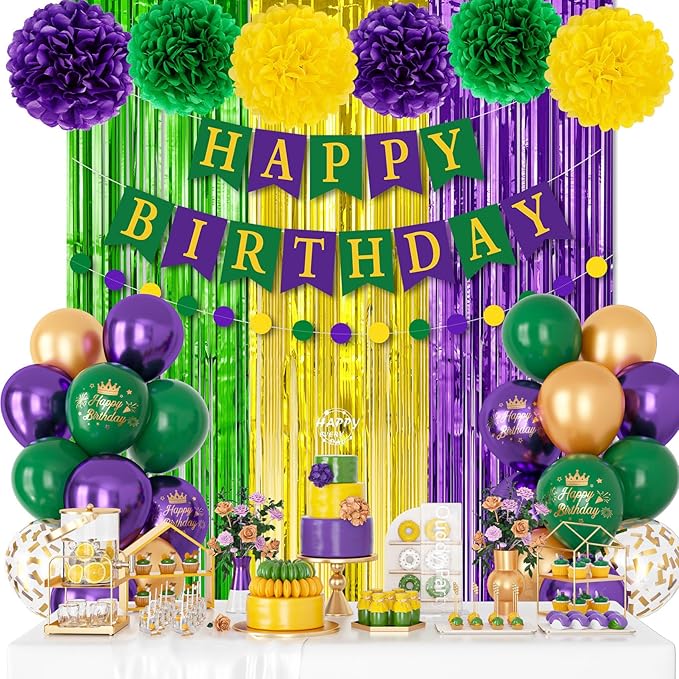 Purple Green Gold Party Decorations, Metallic Printed Confetti Balloons Fringe Curtain Happy Birthday Banner Circle Dots Garland Paper Pompom New Orleans Holiday Masquerade Party Supplies