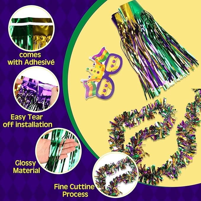 Capoda 128 Pcs Mardi Gras Wagon Float Decorations Kit - Parade Float Decor Wagon, Include Purple Gold Green Fringe Curtains, Banner, Balloons, Eyeglasses & Garland - Carnival Masquerade Party Supplies
