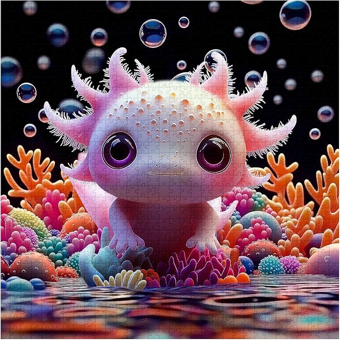 PICKFORU Cute Axolotl 1000 Piece Puzzle for Adults, Colorful Sea Animal Undersea Corals Jigsaw Puzzles, Impossible Hard Unique Art Theme as Home Decor