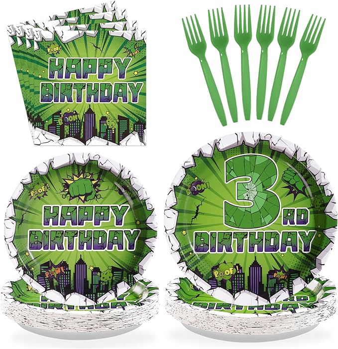 96Pcs Green Hero 3rd Birthday Party Supplies Super Green Hero 3rd Birthday Plates and Napkins Cityscape Super Bang Cartoon Movie Tableware Set for Kid 3 Year Old Party Supplies，Serves 24
