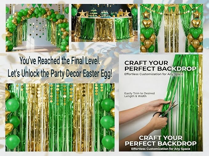 3 Packs Green Gold Foil Fringe Curtains Green Birthday Decorations Streamer 9.9ft for Wedding Party Backdrop Bridal Shower Tinsel,Birthday Party Door Cover Each 3.3 x 6.5 ft