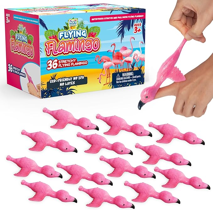 PICK A TOY 36 Pcs Flamingo Party Favors Toys for Kids, Bird Shooter Game Finger Flingers, Tropical Themed Decorations, Kids Prizes, Flying Rubber Chickens Slingshot, Easter Egg Filler