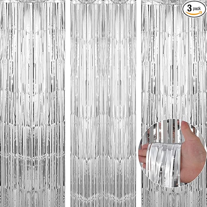 3 Pack 3.3 x 9.9 ft Silver Foil Fringe Backdrop Curtain, Streamer Backdrop Curtains, Streamers Birthday Party Decorations, Tinsel Curtain for Parties, Galentines Decor, Preppy, Photo Booth