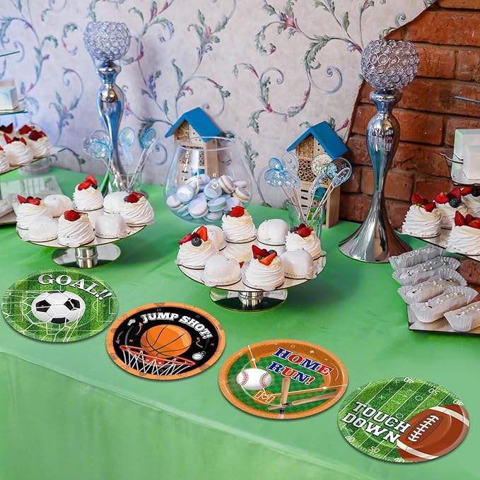 CHUNNIN 48Pcs Sports Birthday Party Paper Plates Sports Themed Party Supplies 7" Football Basketball Soccer Baseball Birthday Disposable Plates for Kids court Baby Shower Decorations