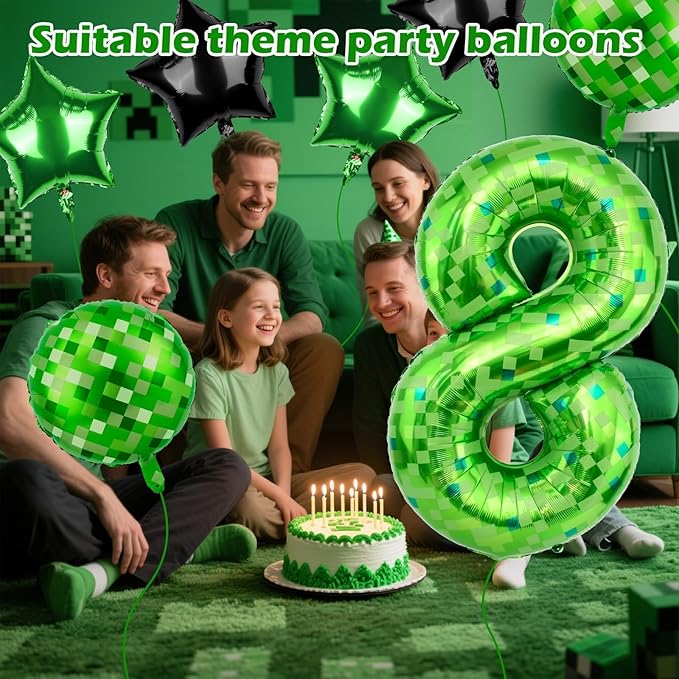40 Inch Green Pixel Themed Number 8 Balloon Set Foil Balloon for Girls & Boys Birthday Party Decorations, Party Supplies & Favors(Number 8)