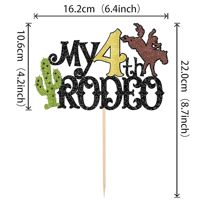 1 PCS My 4th Rodeo Cake Topper Brown Glitter Cactus Four Birthday Cake Pick Decoration for Western Little Cowboy Theme Baby Shower Kids 4th Birthday Party Cake Decorations Supplies