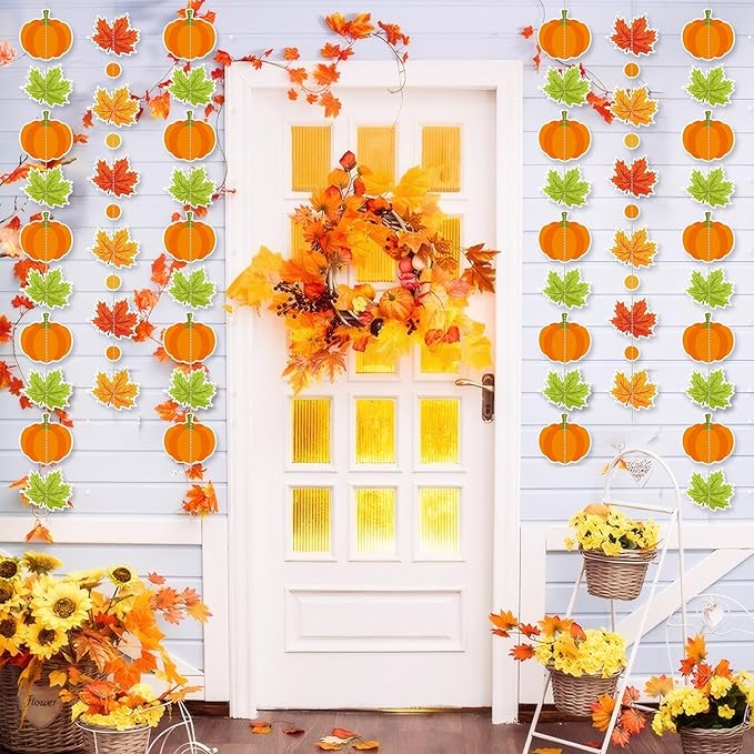 MARFOREVER 41 Ft Thanksgiving Maple Leaf Pumpkin Paper Garland, Fall Party Hanging Decorations Autumn Hanging Swirl Streamers for Fall Harvest Thanksgiving Baby Shower Home Ceiling Decorations