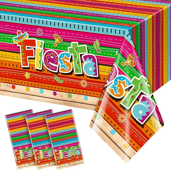Jectivs 3 Pieces Mexican Fiesta Party Tablecloth Decorations,Plastic Cinco De Mayo Printed Table Cloth Table Cover for Fiesta Taco Night Birthday and Mexican Themed Party Supplies, 54 x 108 Inch