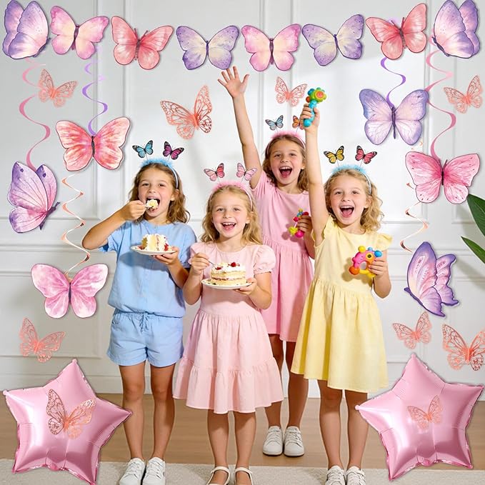33Pcs Purple Happy Birthday Decorations for Women, Butterflies Birthday Decorations Purple Butterfly Decorations with Banner Hanging Swirl for Women Girl Butterfly Theme Party Supplies